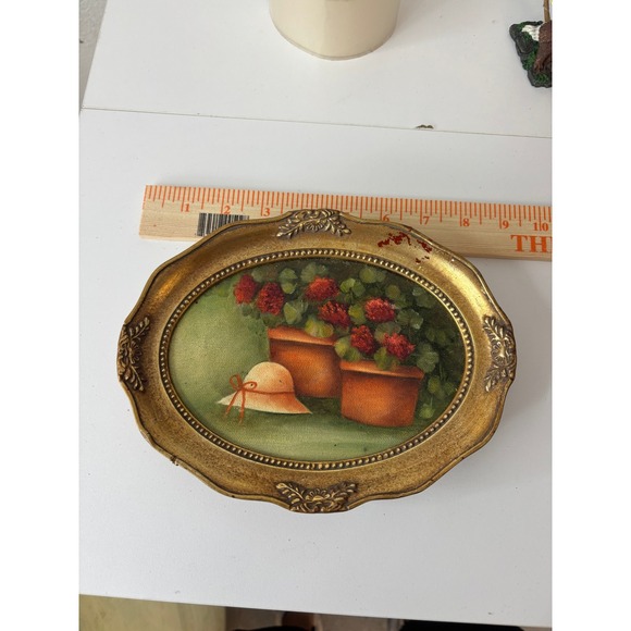 Other - Vintage Oval Framed Oil Painting Still Life Red Flowers Straw Hat Gold Frame M-8